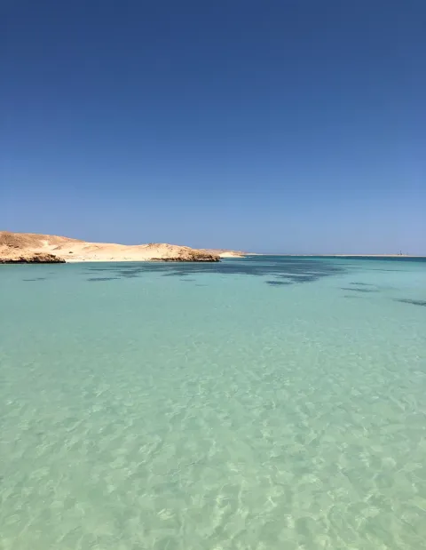 Strand mit Palmen und türkisfarbenem Wasser in Hurghada am Roten Meer